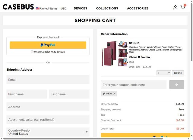Casebus checkout page showing Casebus coupon code box | Screenshot taken by SimplyCodes community member on Aug 13, 2025