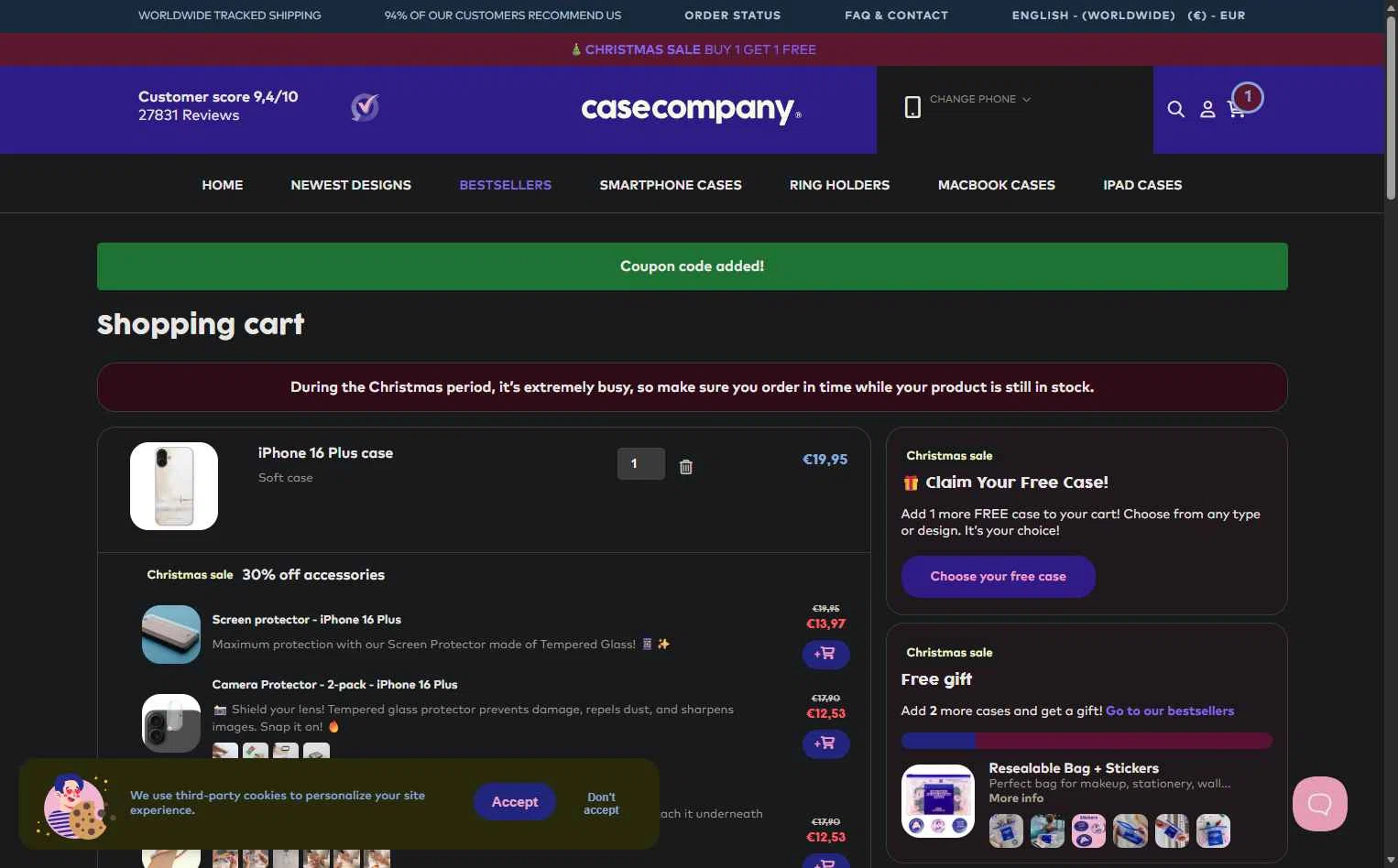 CaseCompany checkout page showing CaseCompany discount code box | Screenshot taken by SimplyCodes community member on Dec 22, 2025