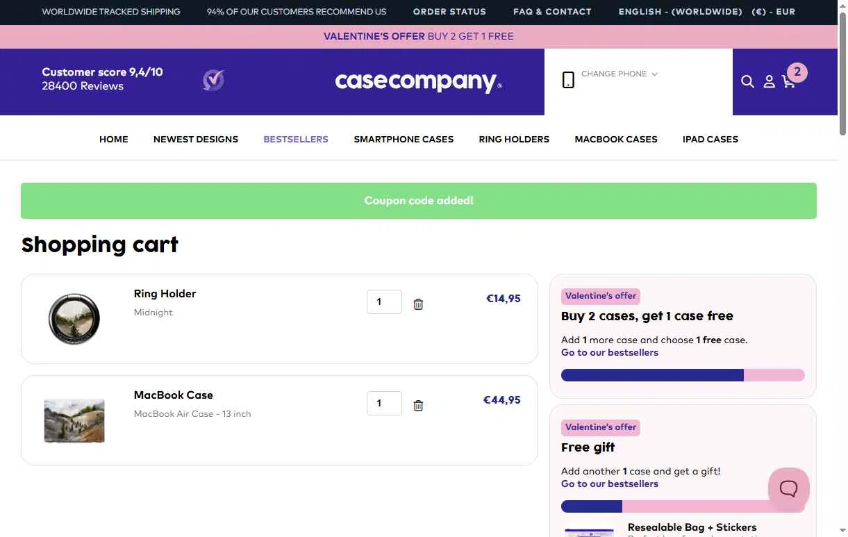 CaseCompany checkout page showing CaseCompany discount code box | Screenshot taken by SimplyCodes community member on Feb 4, 2026