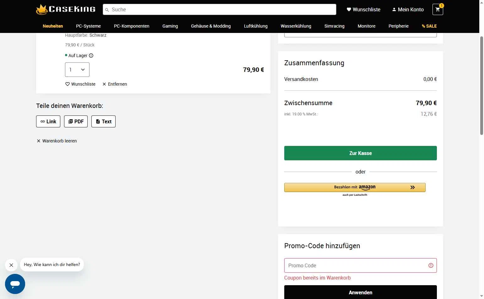 Caseking checkout page showing Caseking discount code box | Screenshot taken by SimplyCodes community member on Feb 1, 2026
