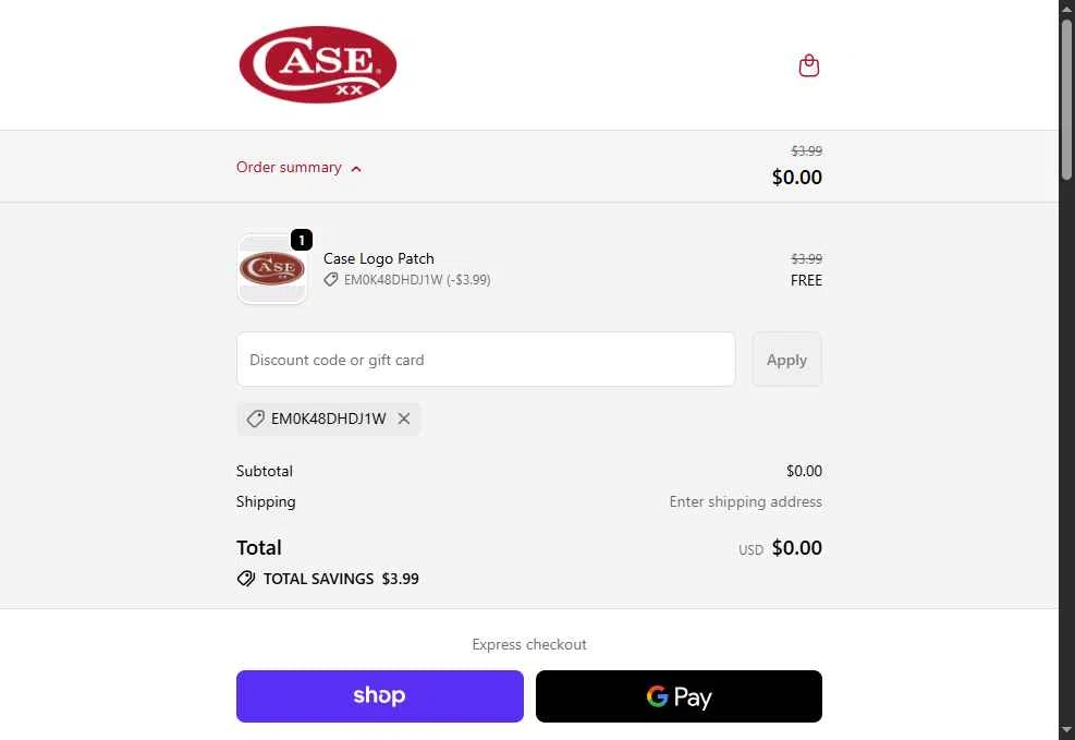 Case Knives checkout page showing Case Knives discount code box | Screenshot taken by SimplyCodes community member on Dec 15, 2025