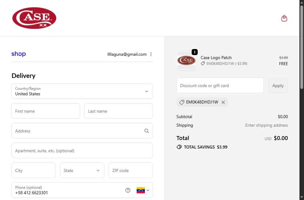 Case Knives checkout page showing Case Knives discount code box | Screenshot taken by SimplyCodes community member on Dec 26, 2025