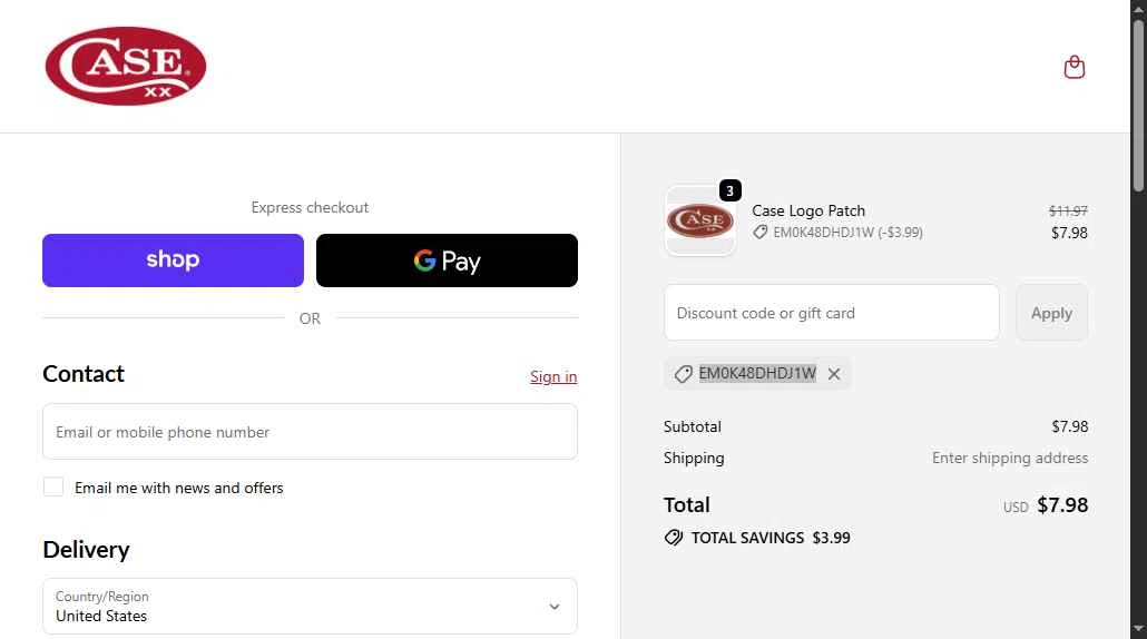 Case Knives checkout page showing Case Knives discount code box | Screenshot taken by SimplyCodes community member on Jan 4, 2026