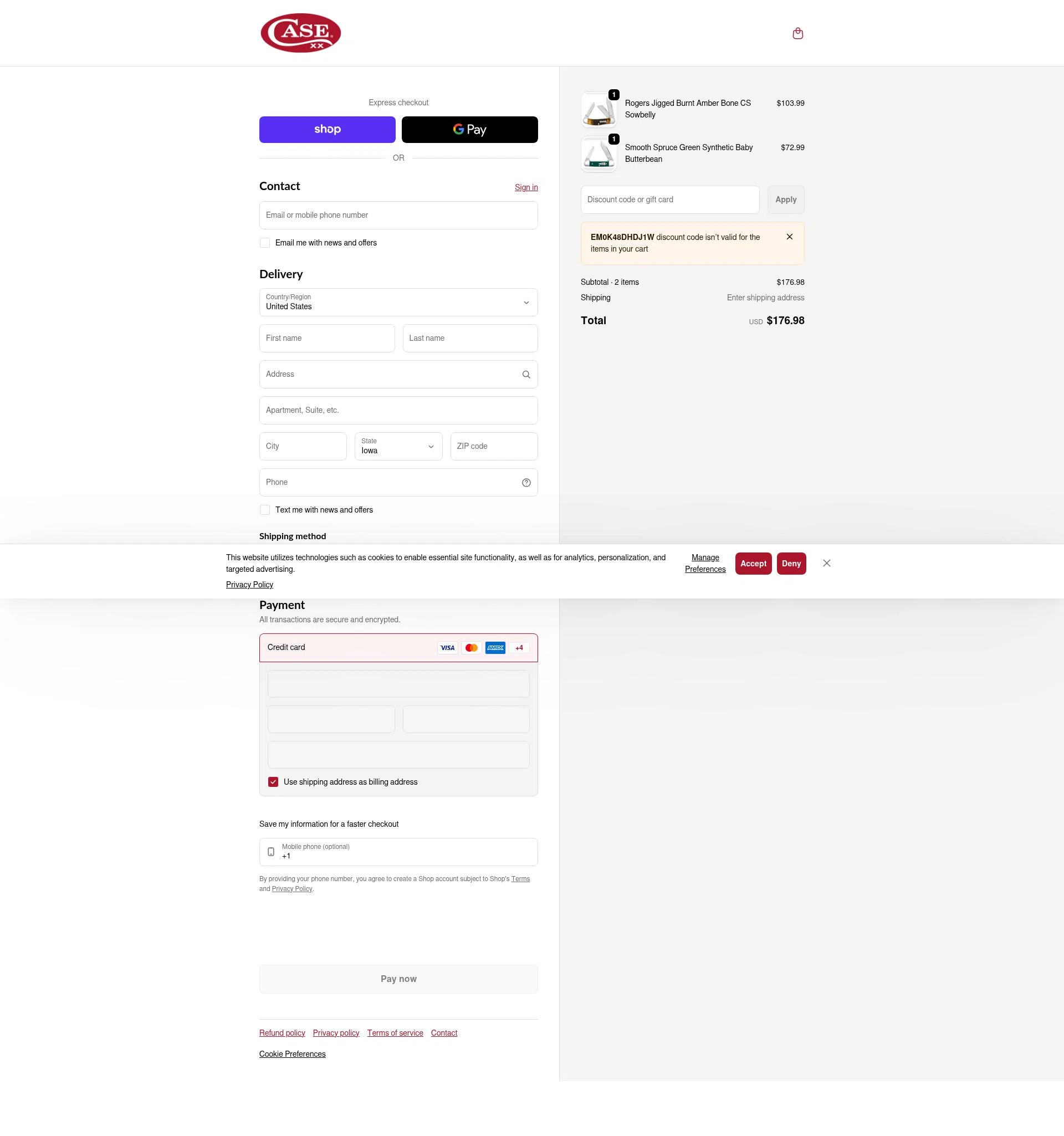 Case Knives checkout page showing Case Knives discount code box | Screenshot taken by SimplyCodes community member on Jan 10, 2026