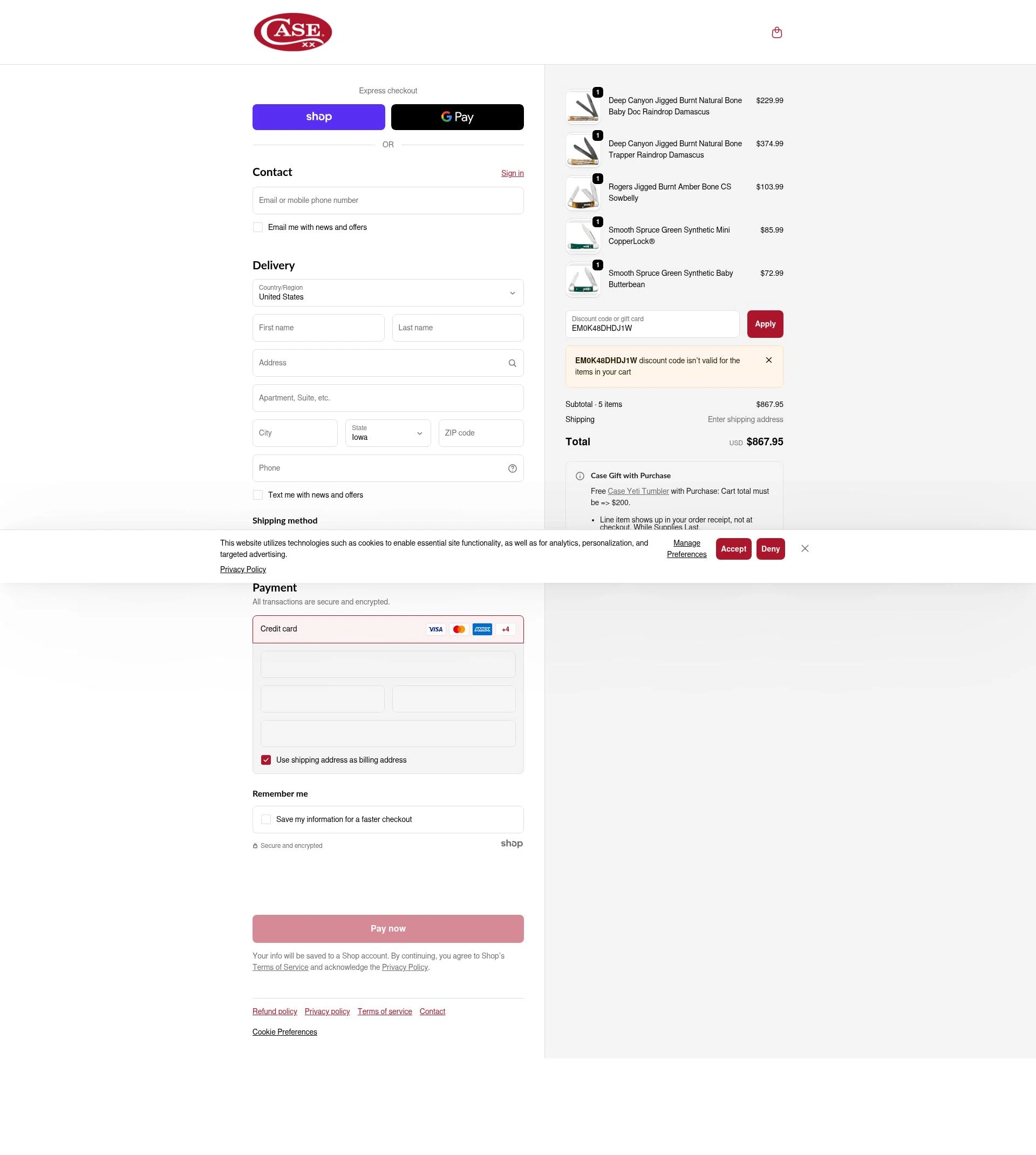 Case Knives checkout page showing Case Knives discount code box | Screenshot taken by SimplyCodes community member on Dec 13, 2025