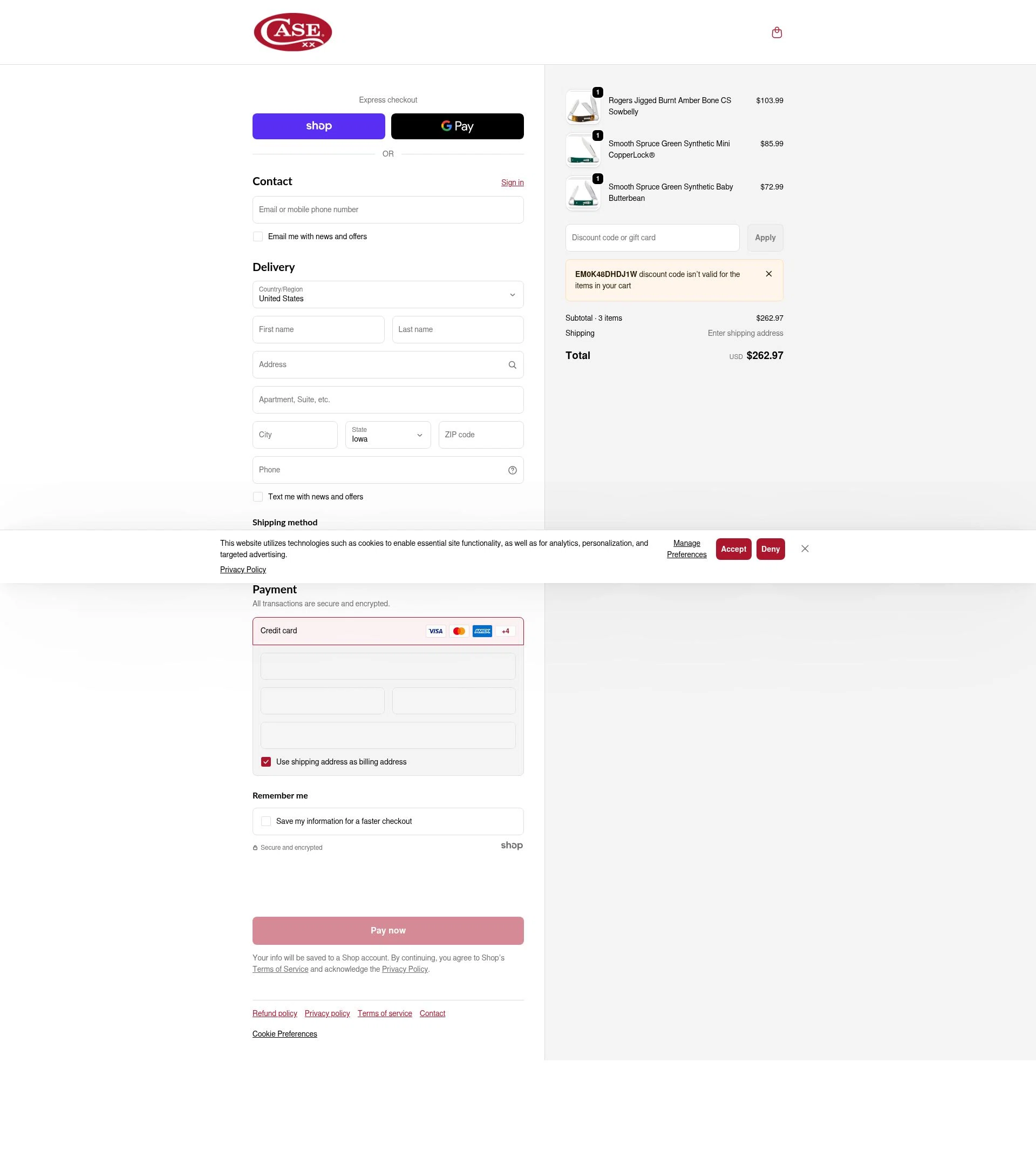 Case Knives checkout page showing Case Knives discount code box | Screenshot taken by SimplyCodes community member on Dec 20, 2025