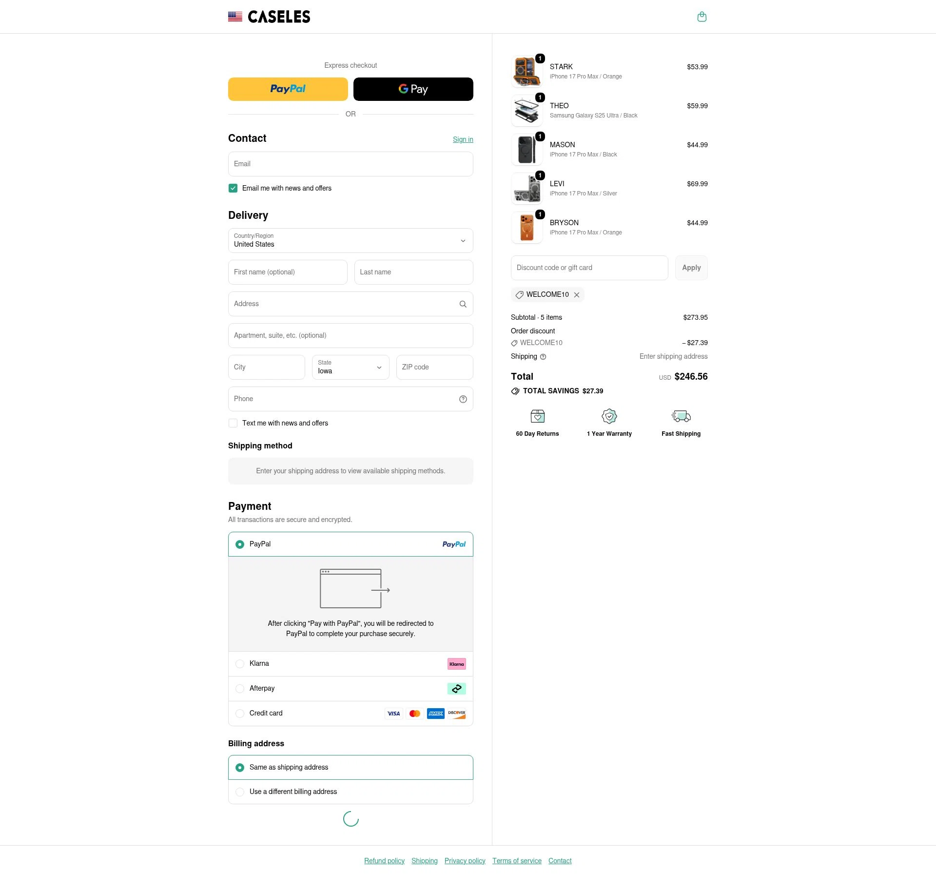 Caseles checkout page showing Caseles discount code box | Screenshot taken by SimplyCodes community member on Jan 4, 2026
