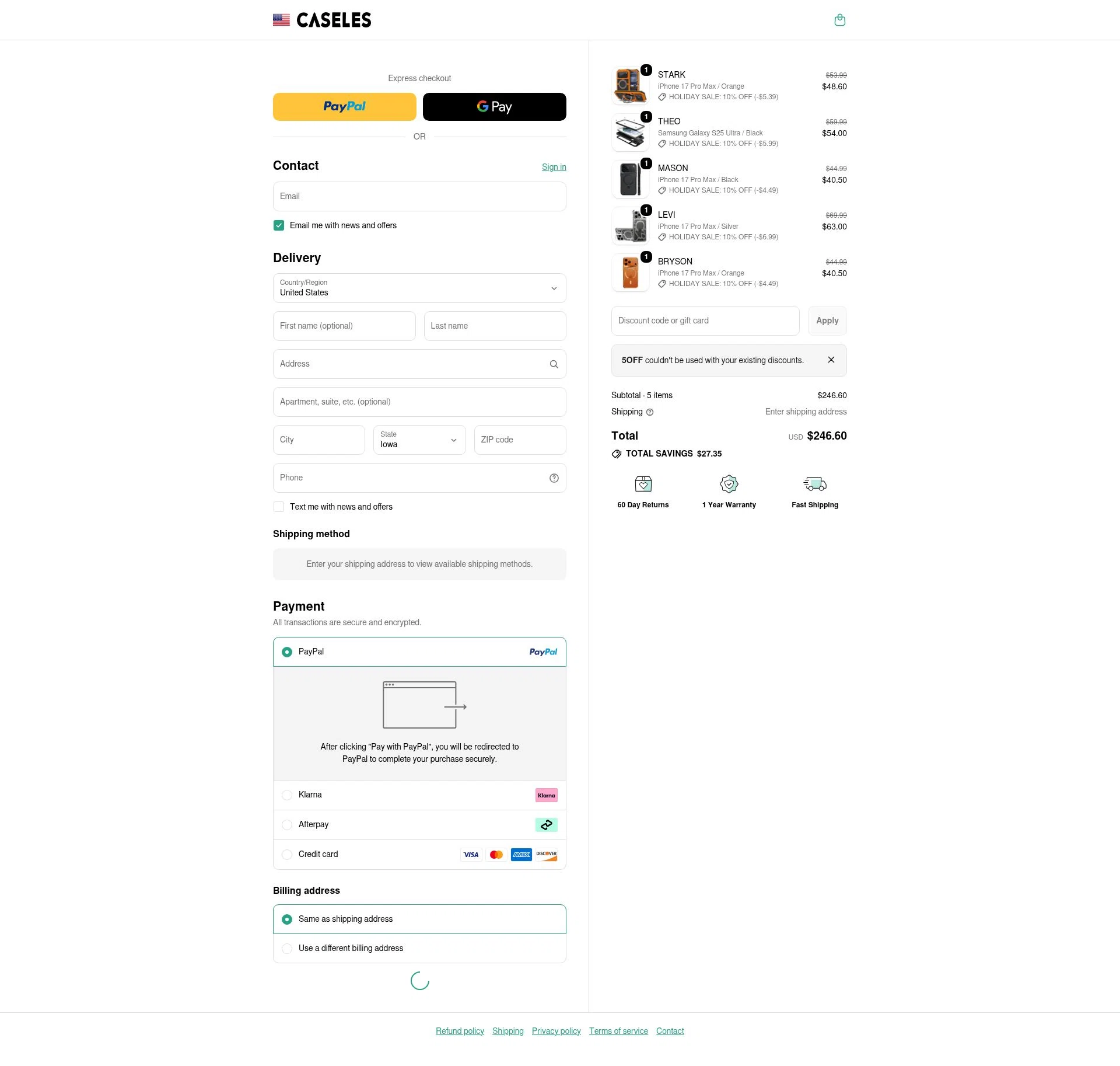 Caseles checkout page showing Caseles discount code box | Screenshot taken by SimplyCodes community member on Jan 4, 2026