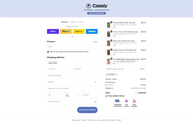 Casely checkout page showing Casely discount code box | Screenshot taken by SimplyCodes community member on Sep 4, 2025