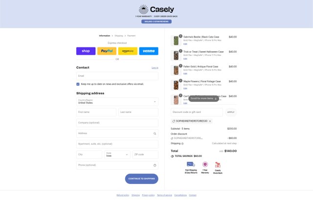 Casely checkout page showing Casely discount code box | Screenshot taken by SimplyCodes community member on Sep 4, 2025