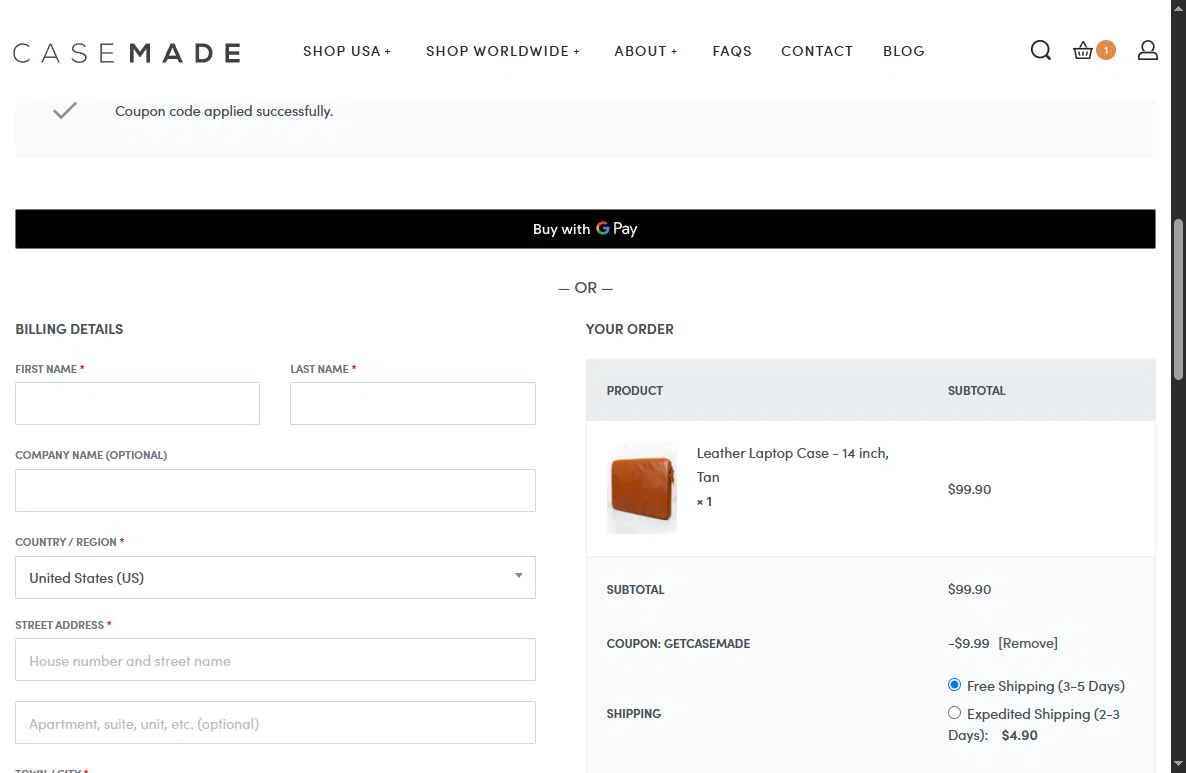 Casemade checkout page showing Casemade promo code box | Screenshot taken by SimplyCodes community member on Oct 27, 2025