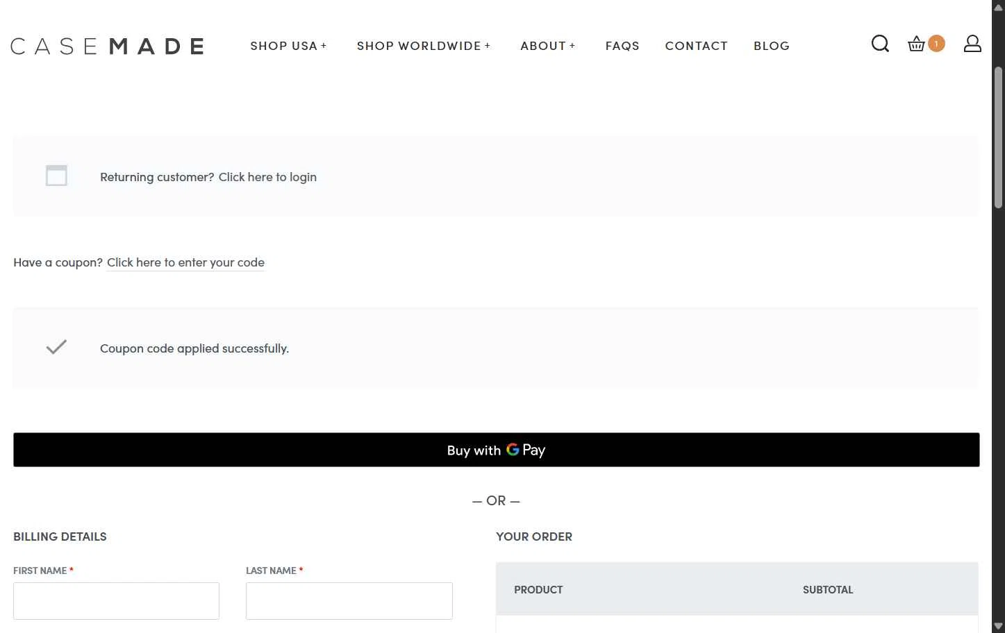 Casemade checkout page showing Casemade promo code box | Screenshot taken by SimplyCodes community member on Nov 15, 2025