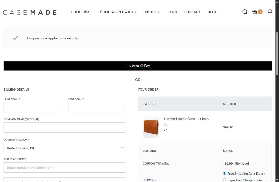 Casemade checkout page showing Casemade promo code box | Screenshot taken by SimplyCodes community member on Oct 27, 2025