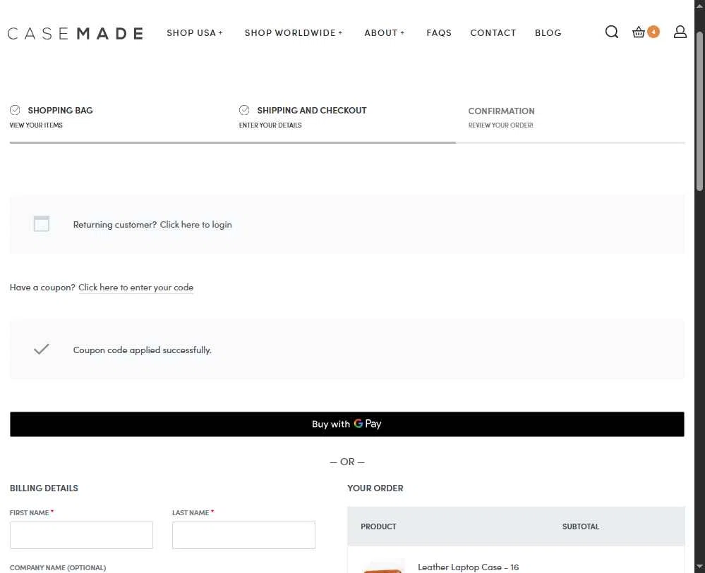 Casemade checkout page showing Casemade promo code box | Screenshot taken by SimplyCodes community member on Nov 15, 2025