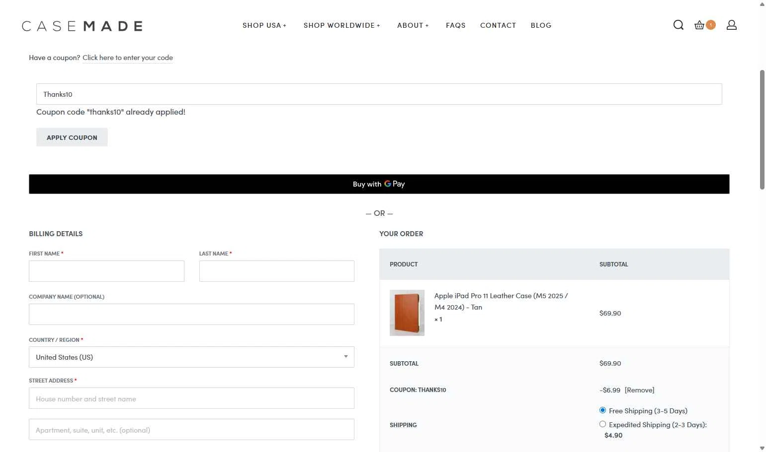Casemade checkout page showing Casemade promo code box | Screenshot taken by SimplyCodes community member on Nov 25, 2025