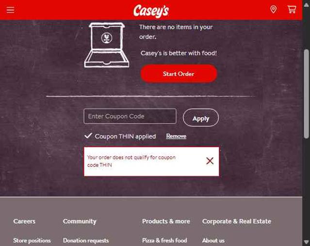Casey's checkout page showing Casey's coupon code box | Screenshot taken by SimplyCodes community member on Sep 1, 2025