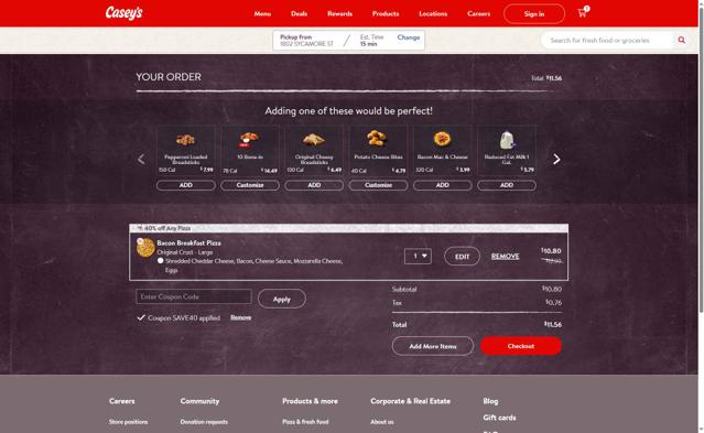Casey's checkout page showing Casey's coupon code box | Screenshot taken by SimplyCodes community member on Sep 13, 2025