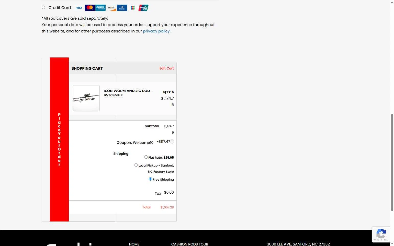Cashion Rods checkout page showing Cashion Rods coupon code box | Screenshot taken by SimplyCodes community member on Oct 17, 2025