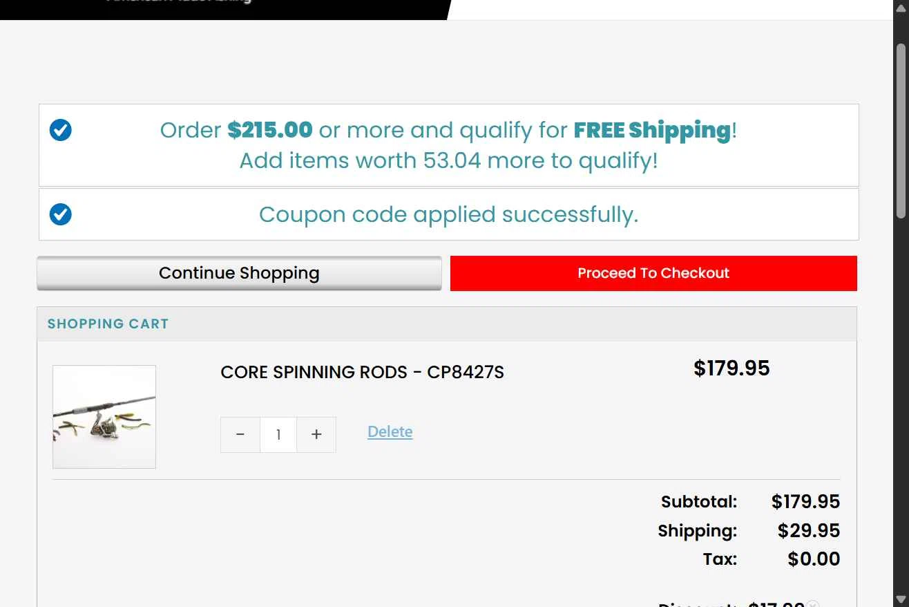 Cashion Rods checkout page showing Cashion Rods coupon code box | Screenshot taken by SimplyCodes community member on Oct 29, 2025