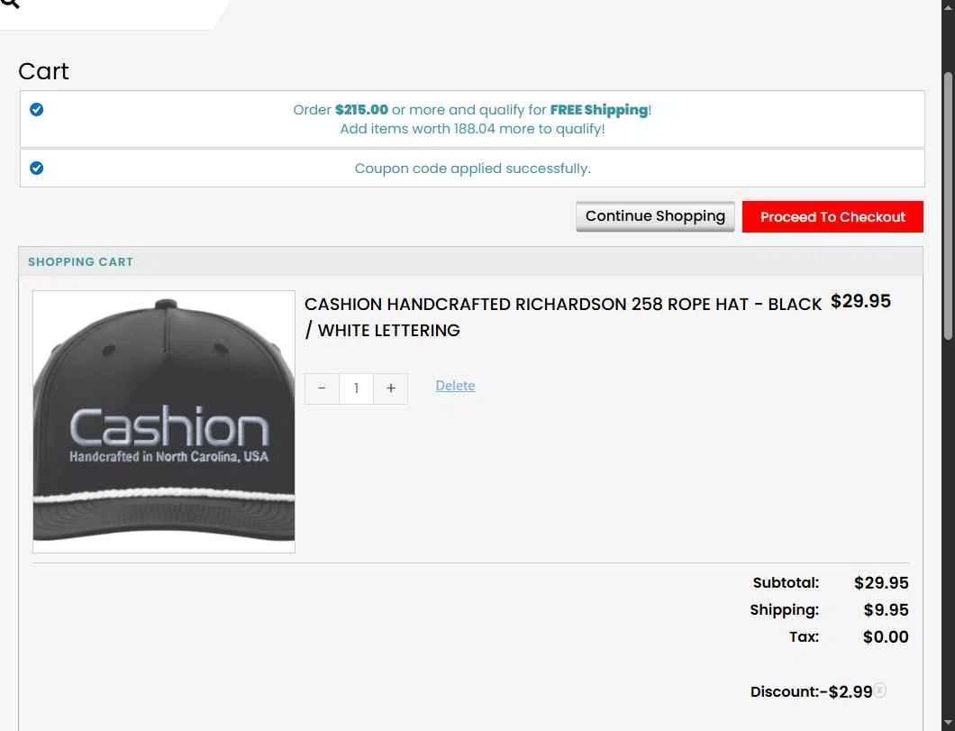 Cashion Rods checkout page showing Cashion Rods coupon code box | Screenshot taken by SimplyCodes community member on Nov 15, 2025