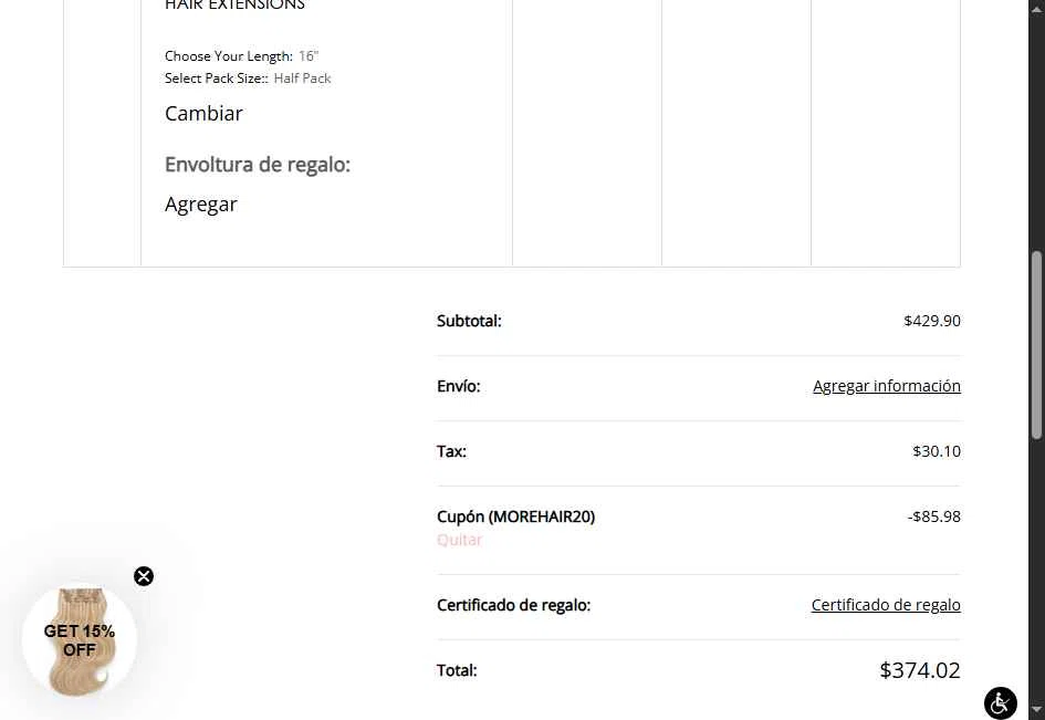 Cashmere Hair checkout page showing Cashmere Hair discount code box | Screenshot taken by SimplyCodes community member on Feb 9, 2026