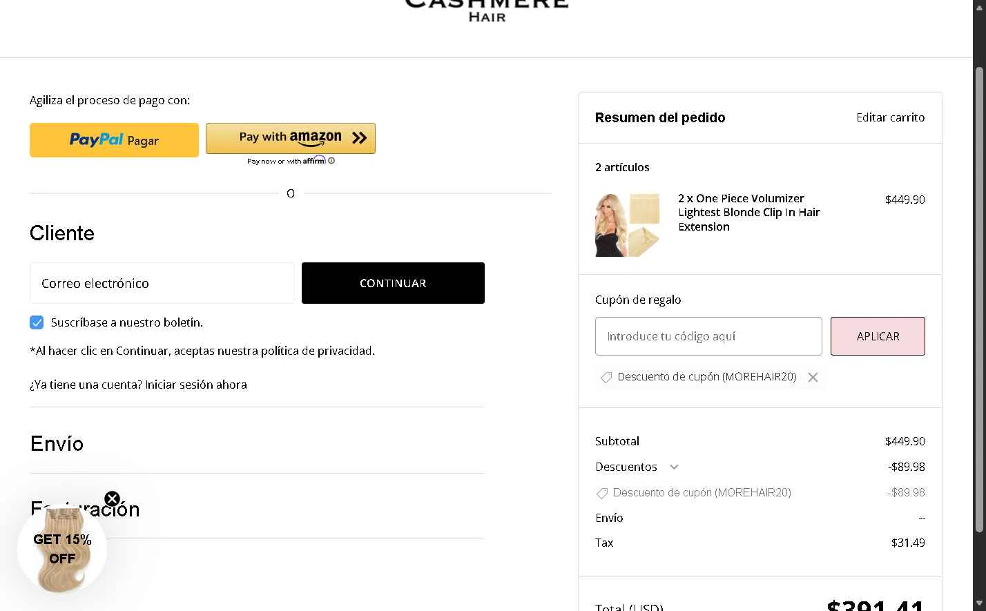Cashmere Hair checkout page showing Cashmere Hair discount code box | Screenshot taken by SimplyCodes community member on Feb 9, 2026