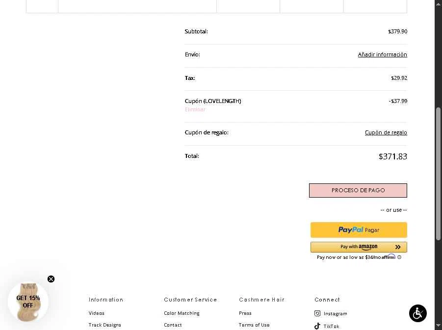 Cashmere Hair checkout page showing Cashmere Hair discount code box | Screenshot taken by SimplyCodes community member on Jan 22, 2026