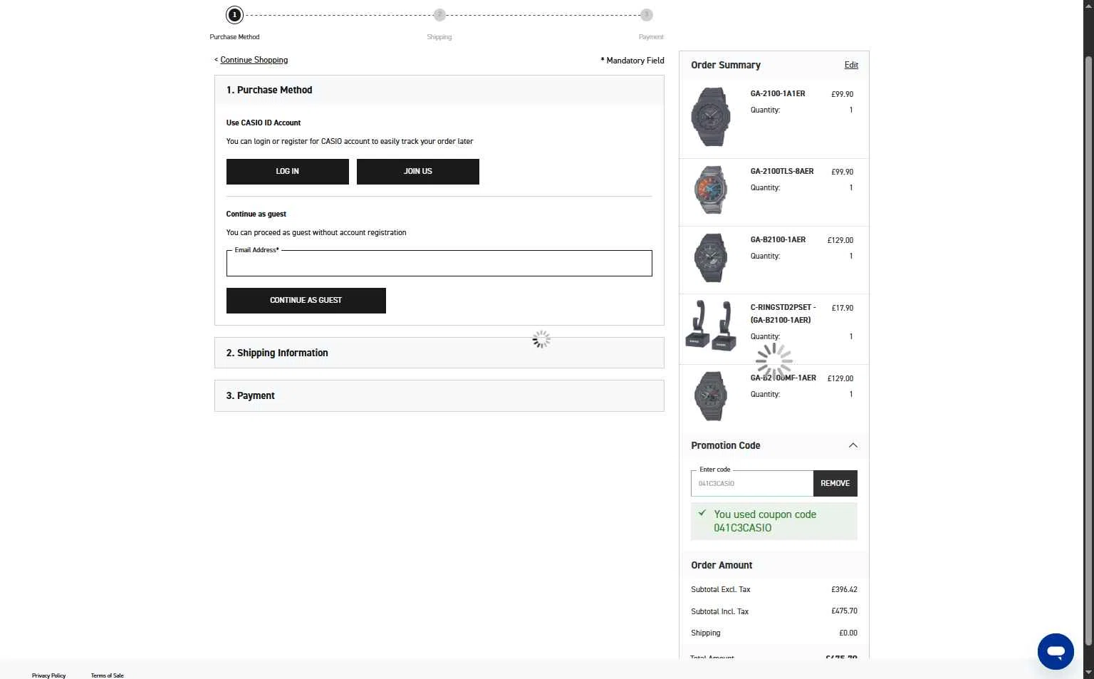 Casio checkout page showing Casio promo code box | Screenshot taken by SimplyCodes community member on Jan 29, 2026