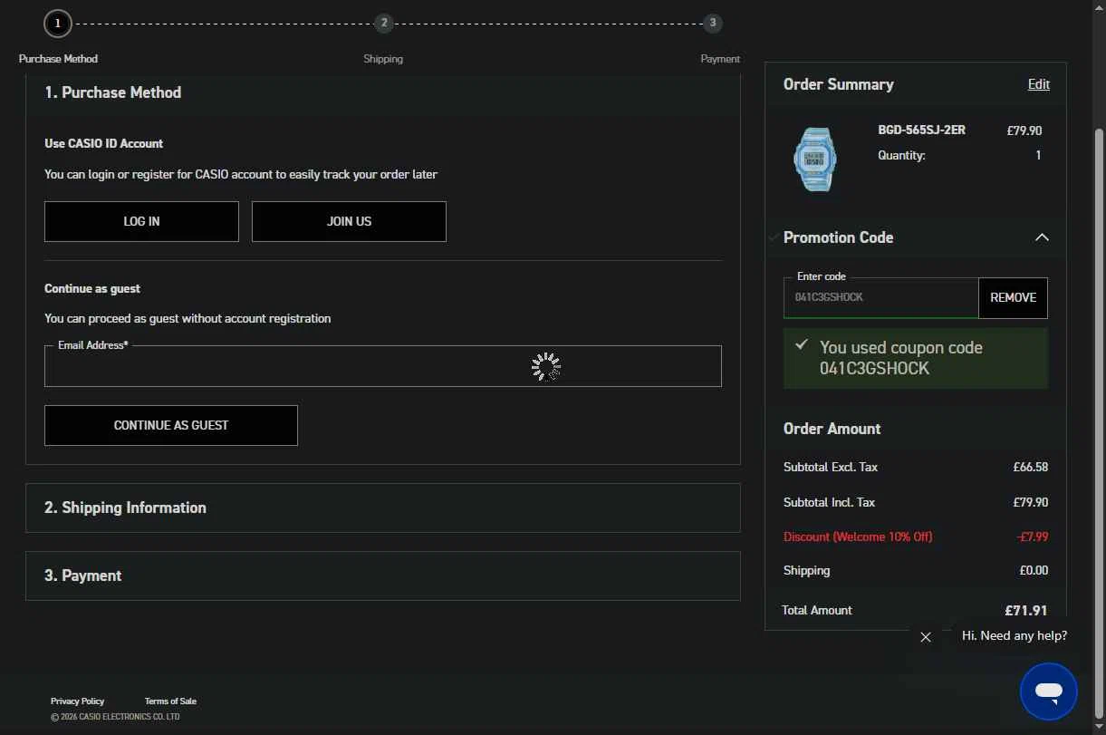 Casio checkout page showing Casio promo code box | Screenshot taken by SimplyCodes community member on Jan 29, 2026