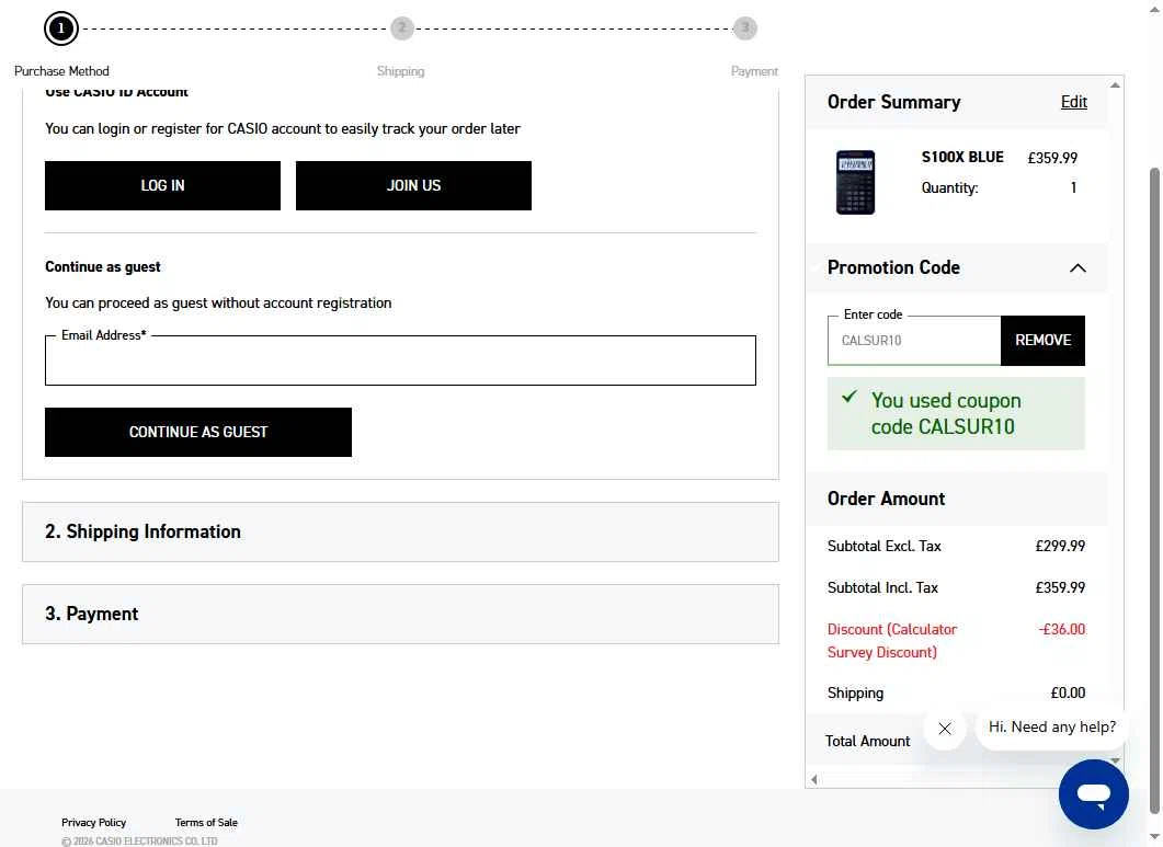 Casio checkout page showing Casio promo code box | Screenshot taken by SimplyCodes community member on Jan 29, 2026
