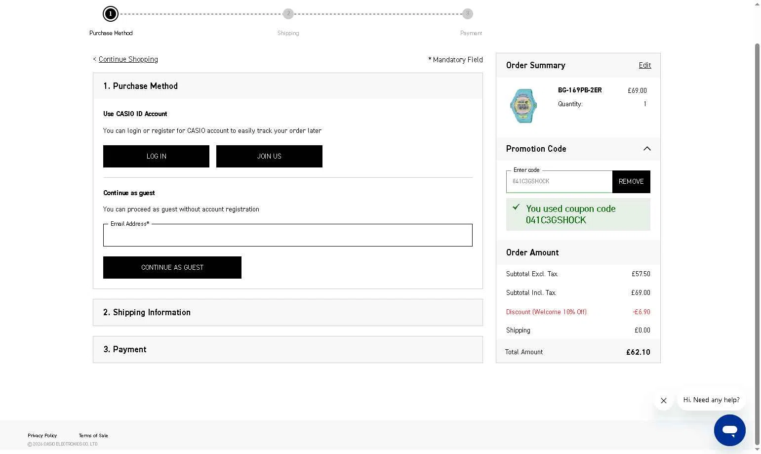 Casio checkout page showing Casio promo code box | Screenshot taken by SimplyCodes community member on Jan 14, 2026