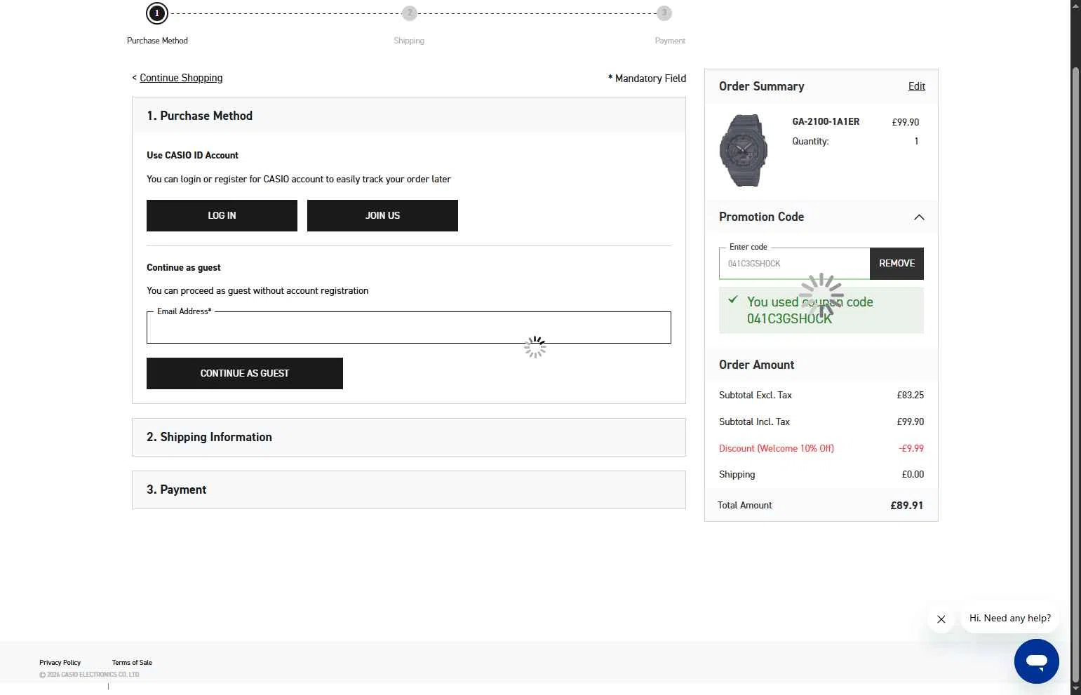 Casio checkout page showing Casio promo code box | Screenshot taken by SimplyCodes community member on Feb 10, 2026