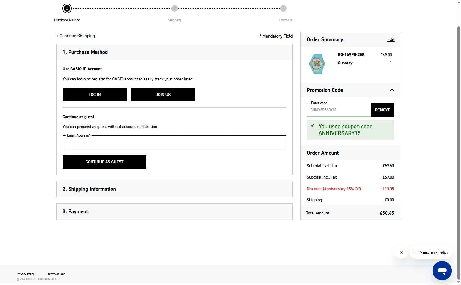 Casio checkout page showing Casio promo code box | Screenshot taken by SimplyCodes community member on Jan 8, 2026