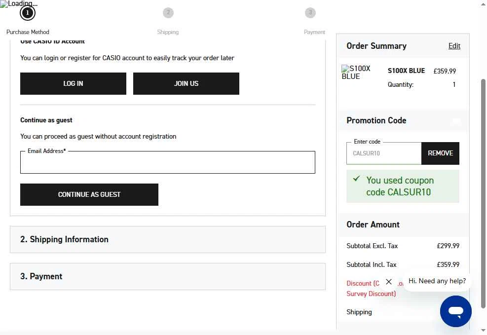 Casio checkout page showing Casio promo code box | Screenshot taken by SimplyCodes community member on Jan 16, 2026