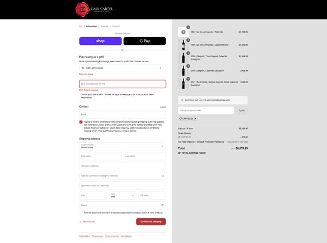 Cask Cartel checkout page showing Cask Cartel promo code box | Screenshot taken by SimplyCodes community member on Sep 3, 2025