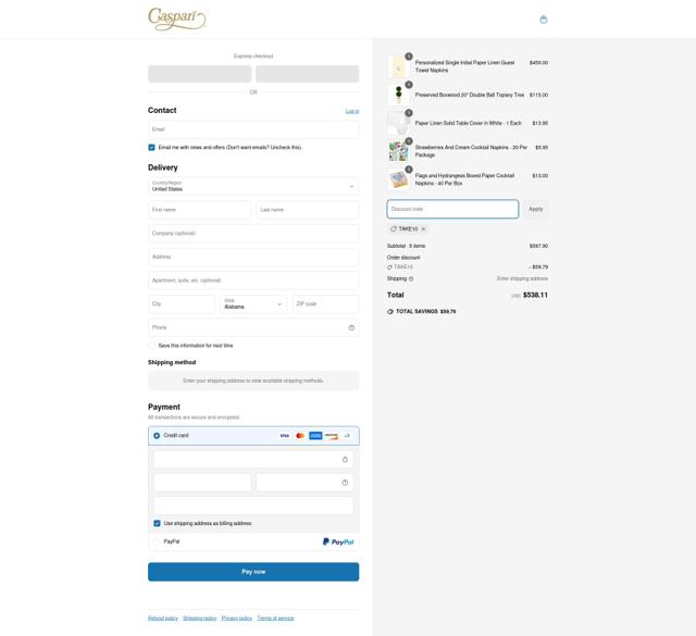 Caspari checkout page showing Caspari discount code box | Screenshot taken by SimplyCodes community member on May 14, 2025