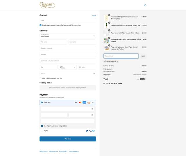 Caspari checkout page showing Caspari discount code box | Screenshot taken by SimplyCodes community member on May 14, 2025