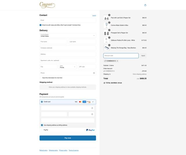 Caspari checkout page showing Caspari discount code box | Screenshot taken by SimplyCodes community member on Jun 18, 2025