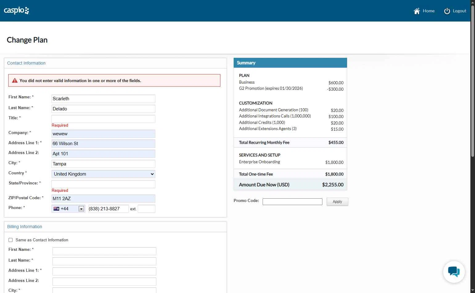 Caspio checkout page showing Caspio promo code box | Screenshot taken by SimplyCodes community member on Oct 31, 2025