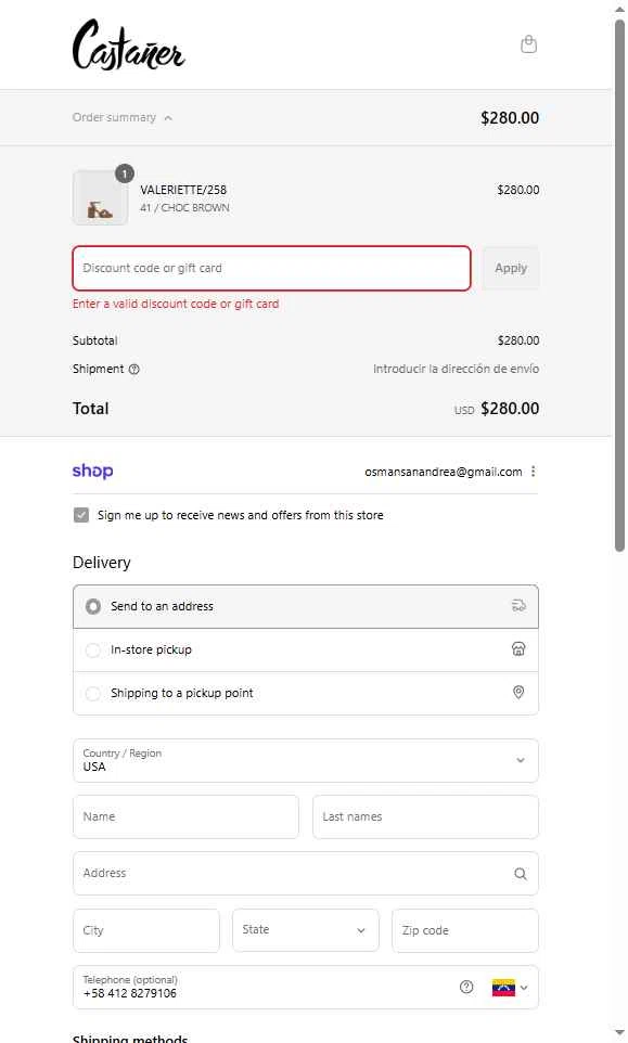 Castañer checkout page showing Castañer promo code box | Screenshot taken by SimplyCodes community member on Sep 1, 2025