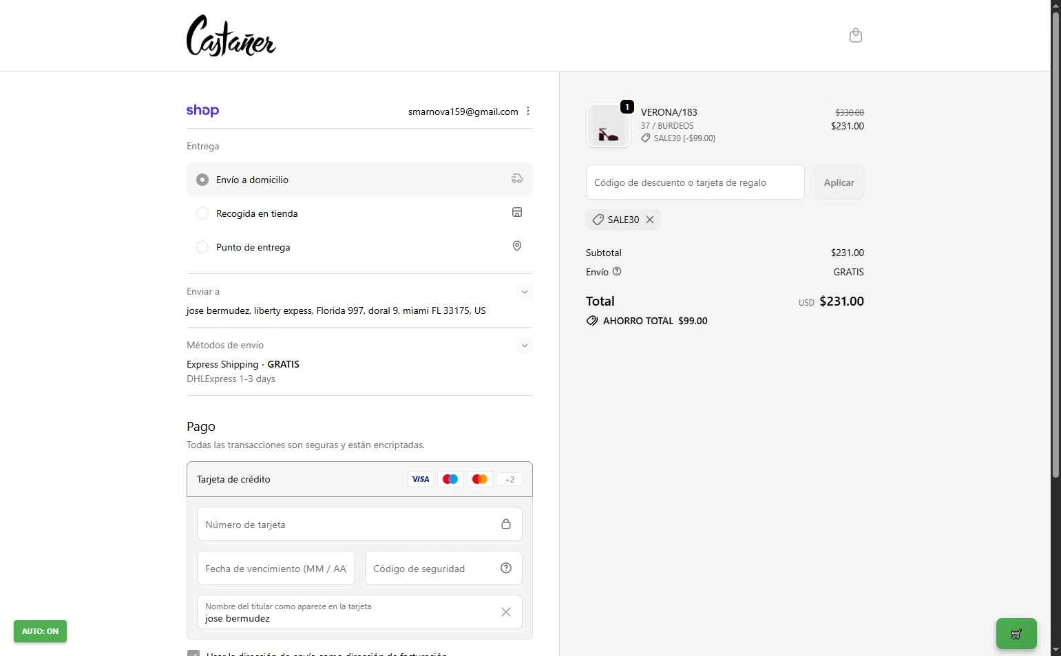 Castañer checkout page showing Castañer promo code box | Screenshot taken by SimplyCodes community member on Jan 2, 2026