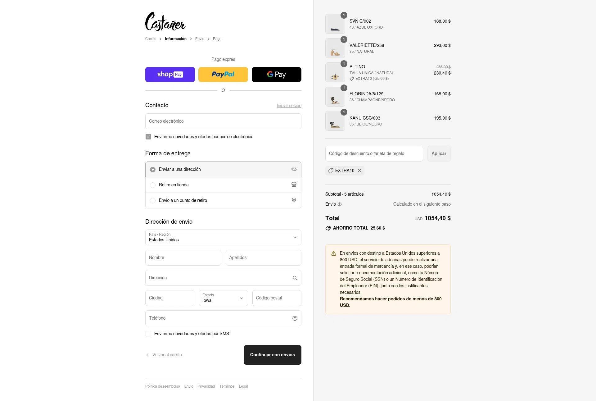 Castañer checkout page showing Castañer promo code box | Screenshot taken by SimplyCodes community member on Jul 27, 2025