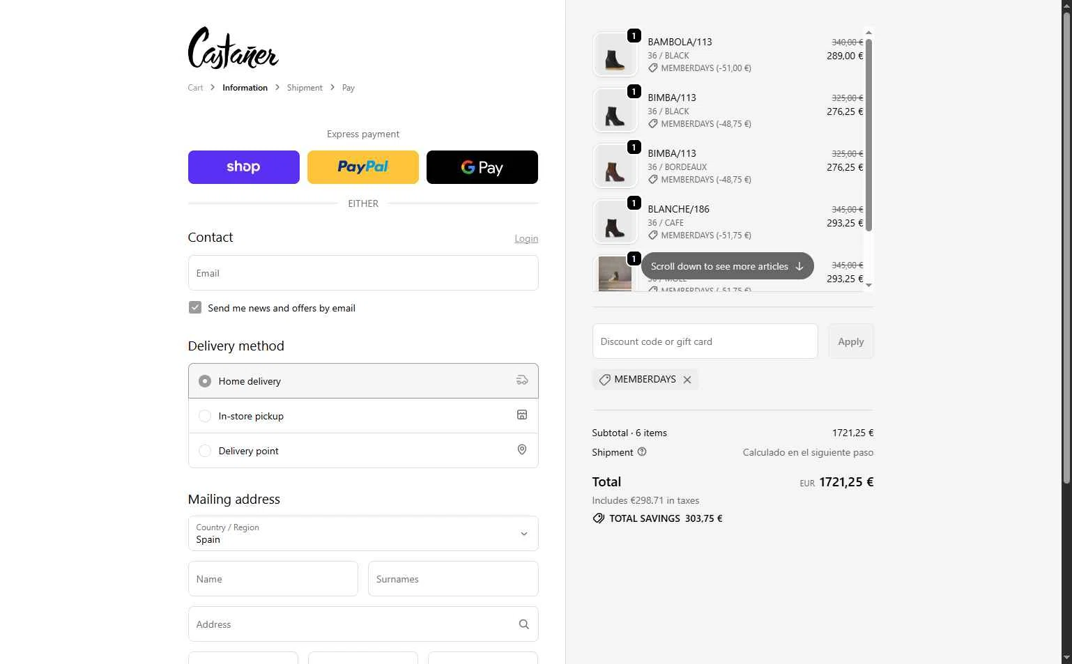 Castañer checkout page showing Castañer promo code box | Screenshot taken by SimplyCodes community member on Nov 3, 2025