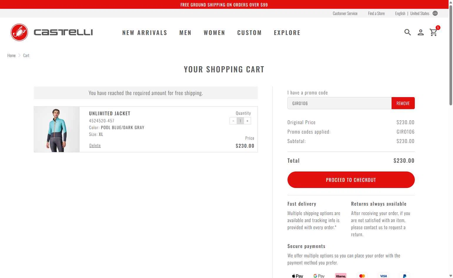 Castelli checkout page showing Castelli promo code box | Screenshot taken by SimplyCodes community member on Oct 25, 2025