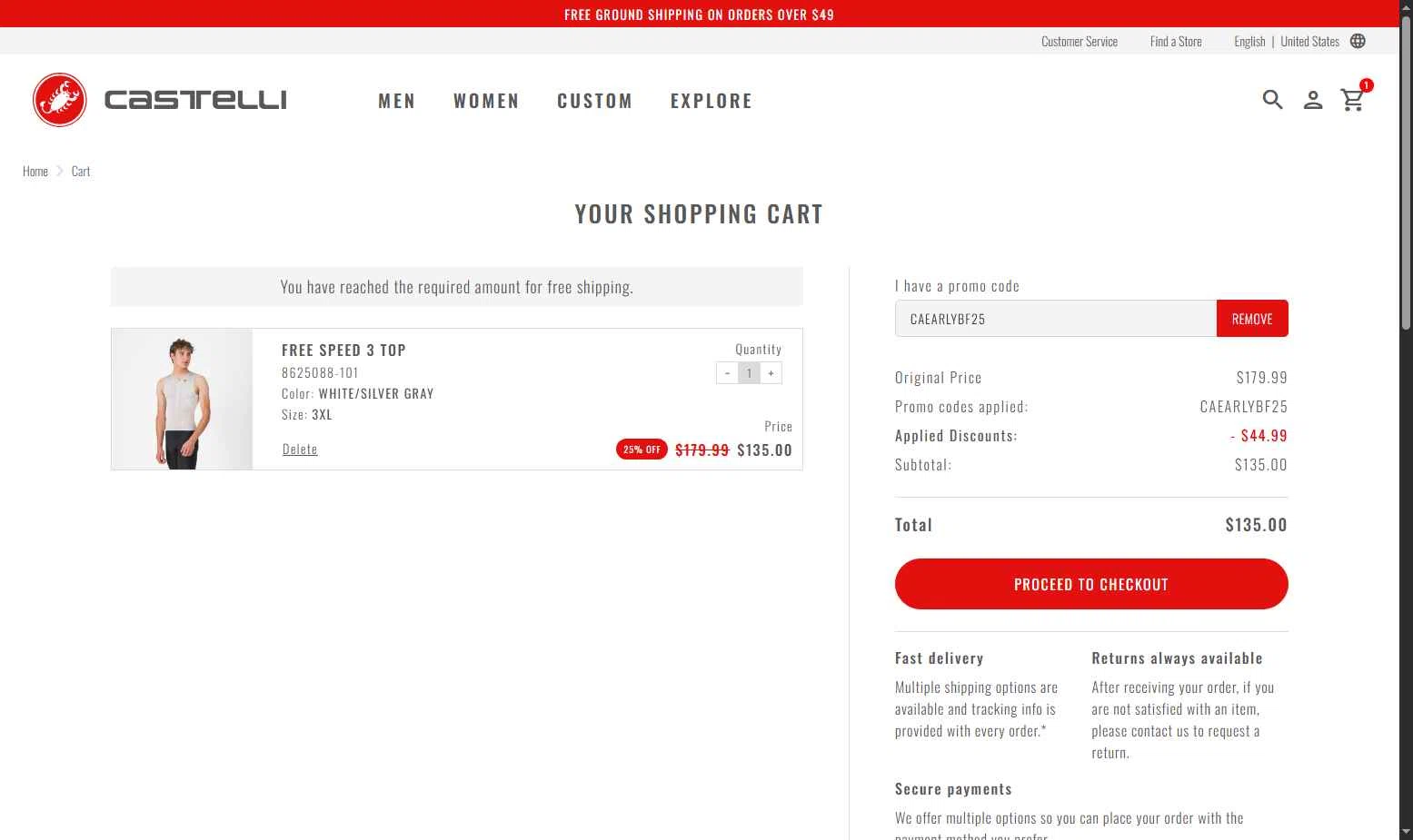 Castelli checkout page showing Castelli promo code box | Screenshot taken by SimplyCodes community member on Nov 17, 2025
