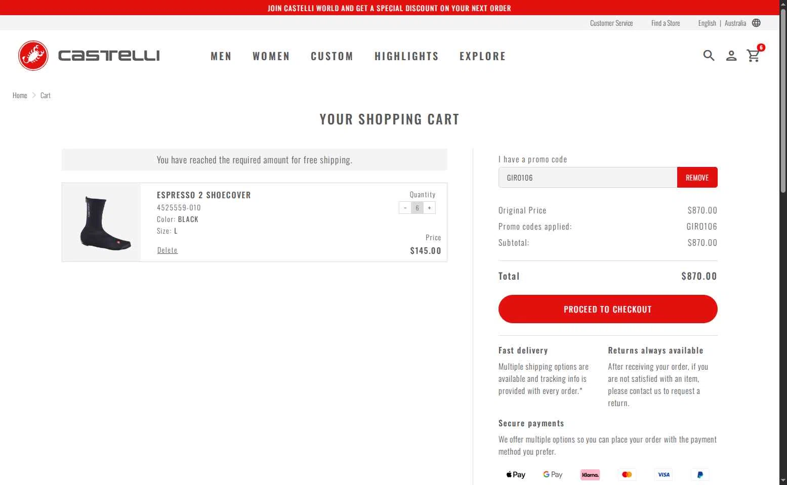 Castelli checkout page showing Castelli promo code box | Screenshot taken by SimplyCodes community member on Nov 4, 2025