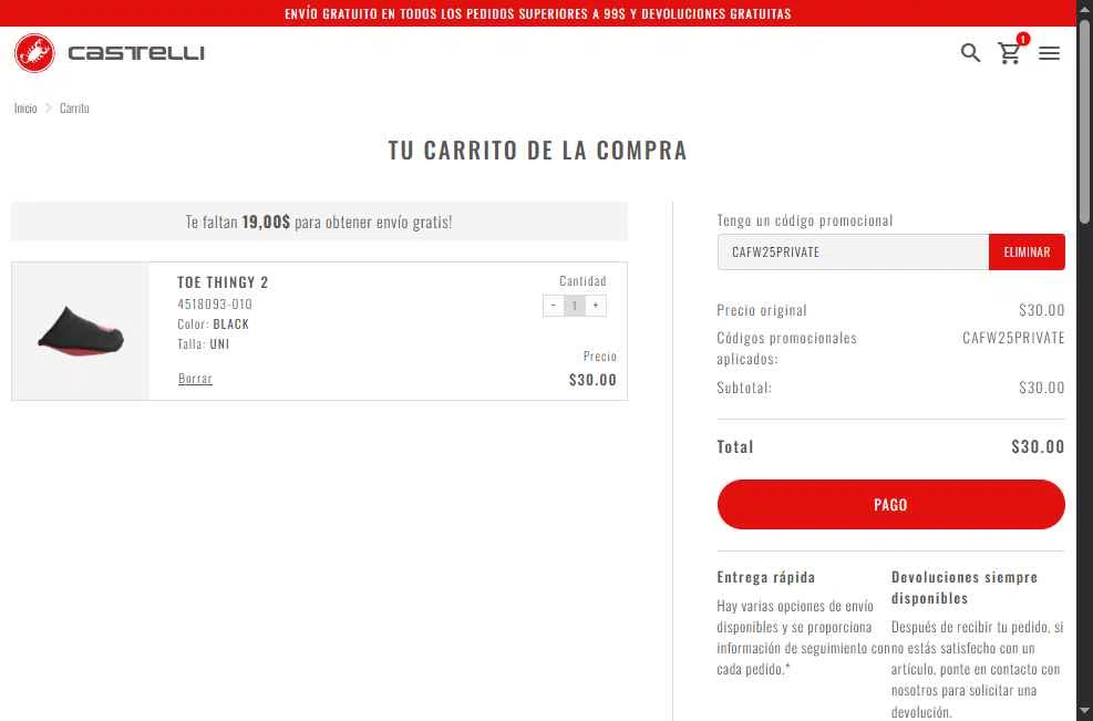 Castelli checkout page showing Castelli promo code box | Screenshot taken by SimplyCodes community member on Dec 26, 2025