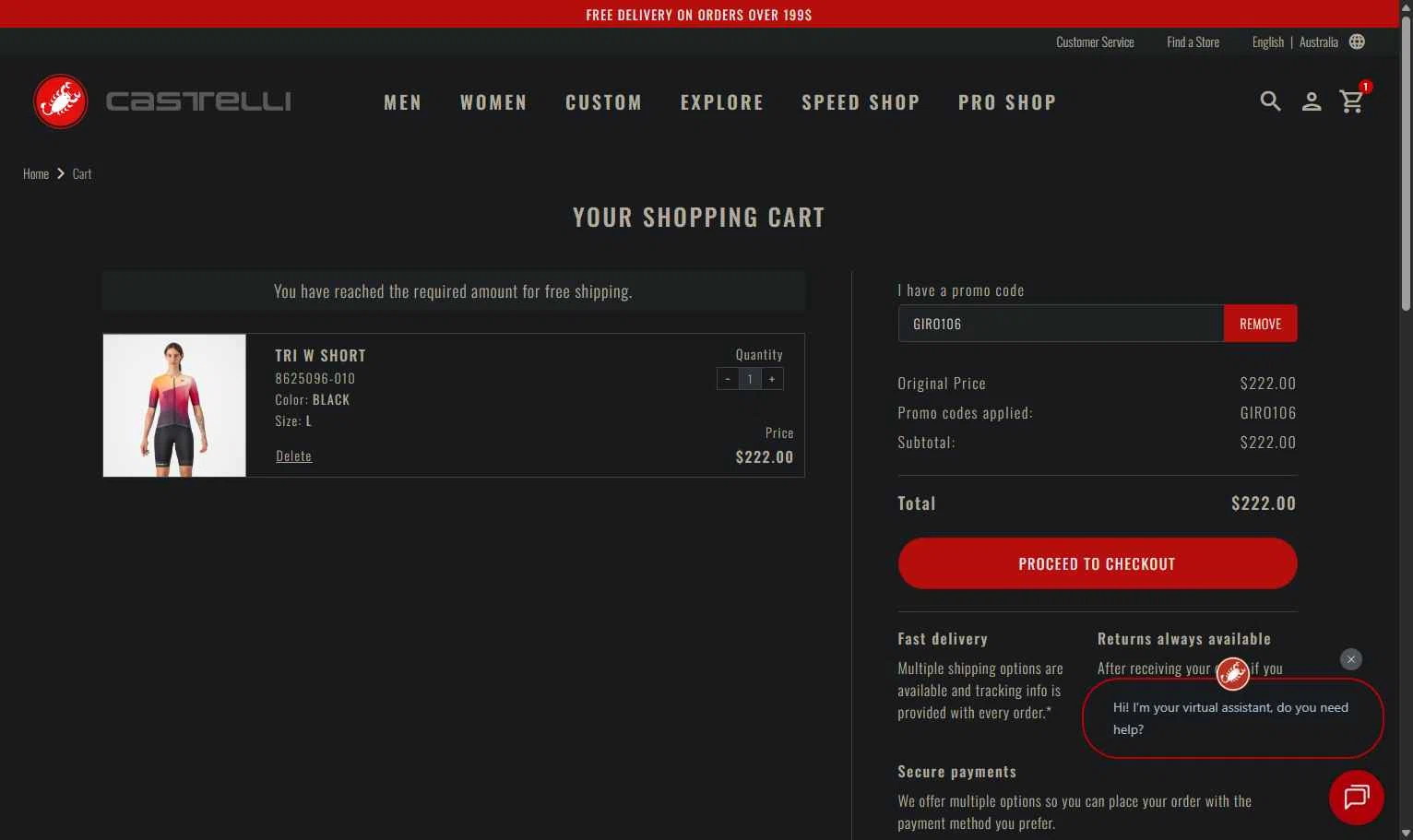 Castelli checkout page showing Castelli promo code box | Screenshot taken by SimplyCodes community member on Nov 18, 2025