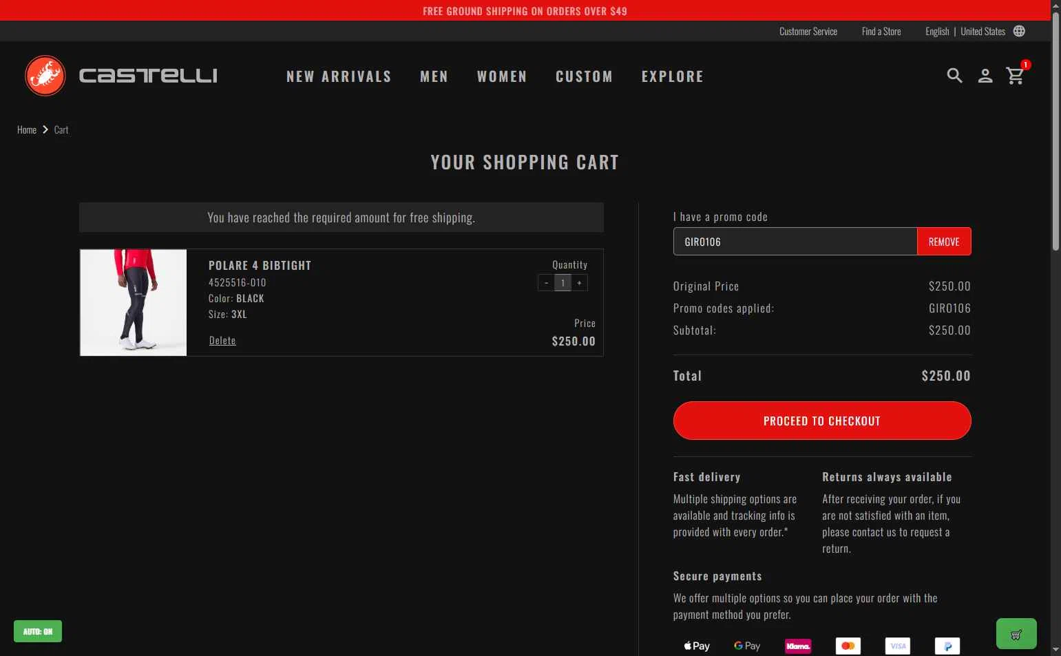Castelli checkout page showing Castelli promo code box | Screenshot taken by SimplyCodes community member on Nov 4, 2025