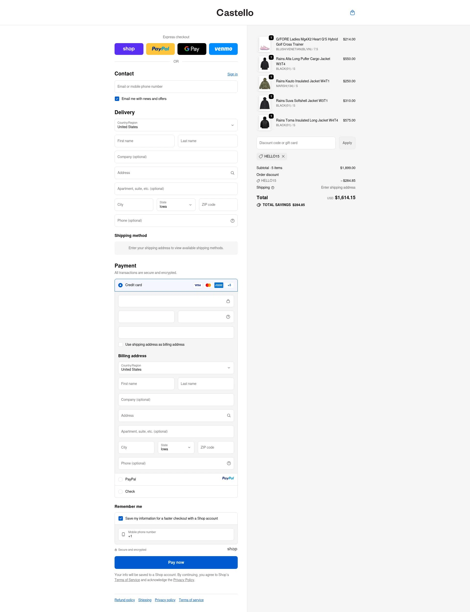 Castello Boutique checkout page showing Castello Boutique promo code box | Screenshot taken by SimplyCodes community member on Oct 19, 2025